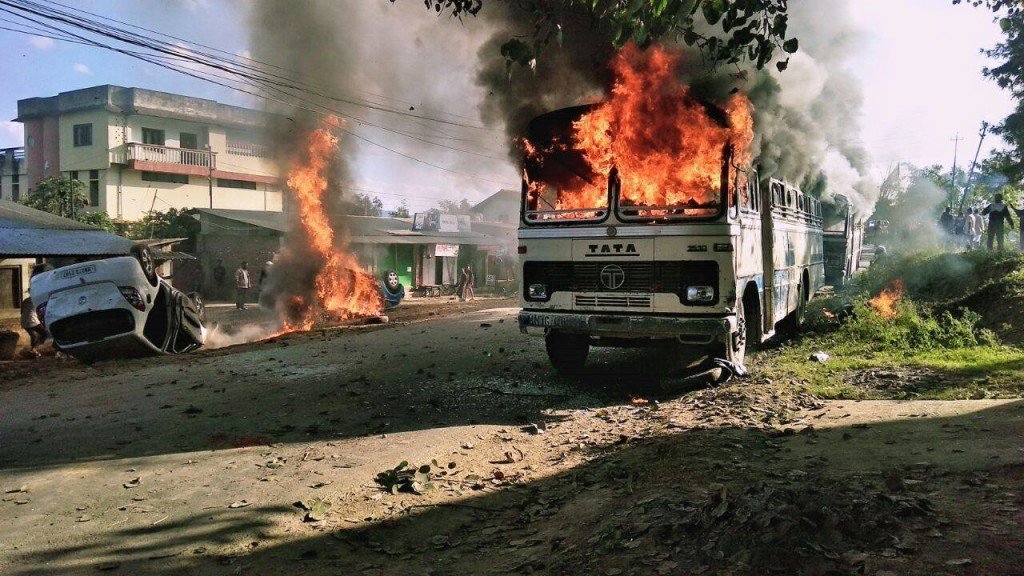 buses burnt by protestors